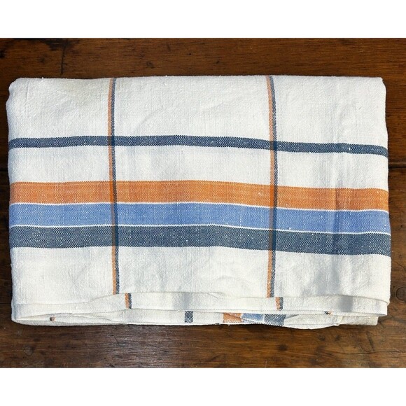 Vintage Linen Tablecloth 48” Square White Blue Orange Plaid SOME STAINS - Picture 2 of 9